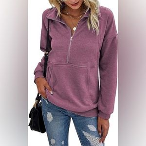 Ranphee Womens Lapel Zipper Loose Fit Long Sleeve Sweatshirt, Mauve sz M